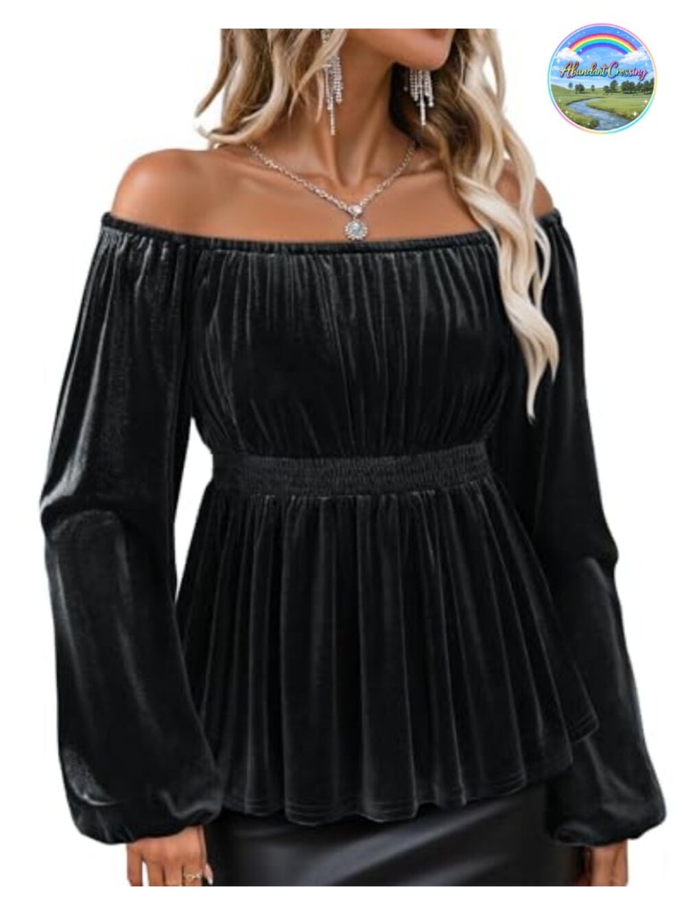 Velvet Off The Shoulder Peplum Blouse Long Sleeve Dressy Evening Top
